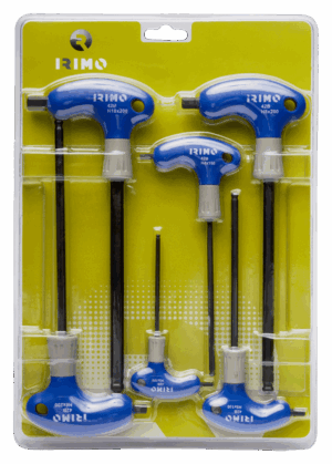 Juego profesional de 6 destornilladores Irimo 42B-6-B con mango en T y punta hexagonal con bola (tamaños H3 a H10mm), fabricados en acero Cromo-Vanadio de alta calidad, con mangos ergonómicos bi-componentes y tapa superior giratoria.