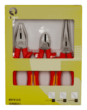 Juego de 3 alicates aislados profesionales Irimo 601V-3-C (certificados 1000V VDE IEC 60900): incluye un alicate universal de 180mm, un alicate de corte diagonal de 160mm, y un alicate de boca semirredonda recta de 200mm, todos con mangos bi-material aislantes.