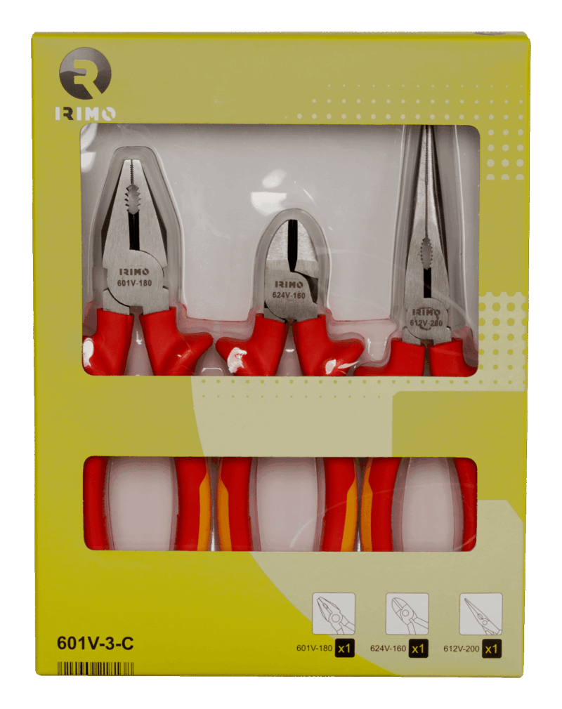 Juego de 3 alicates aislados profesionales Irimo 601V-3-C (certificados 1000V VDE IEC 60900): incluye un alicate universal de 180mm, un alicate de corte diagonal de 160mm, y un alicate de boca semirredonda recta de 200mm, todos con mangos bi-material aislantes.