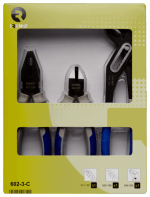 Juego de 3 herramientas profesionales Irimo 602-3-C: incluye un alicate universal de 180mm, un alicate de corte diagonal de 160mm y una tenacilla articulada de 250mm, todos con mangos ergonómicos.