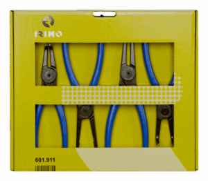 Juego profesional de 4 alicates Irimo 601911 para arandelas de retención (Circlip/Seeger) con diámetros de 19-60mm: incluye tipos para interiores y exteriores, con puntas rectas y curvadas, en soporte