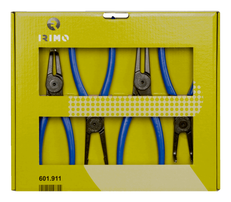 Juego profesional de 4 alicates Irimo 601911 para arandelas de retención (Circlip/Seeger) con diámetros de 19-60mm: incluye tipos para interiores y exteriores, con puntas rectas y curvadas, en soporte