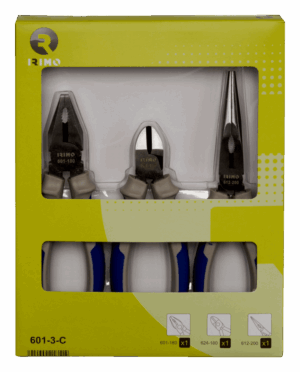 Juego de 3 alicates profesionales esenciales Irimo 601-3-C: incluye un alicate universal de 180mm, un alicate de corte diagonal de 160mm y un alicate de boca semirredonda recta de 200mm, todos con mangos bi-material ergonómicos.