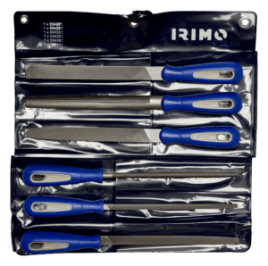 Juego profesional de 6 limas de taller surtidas Irimo 534501 de 8 pulgadas (200mm) con picado doble entrefino y mangos ergonómicos bi-material, presentadas en una práctica bolsa enrollable.