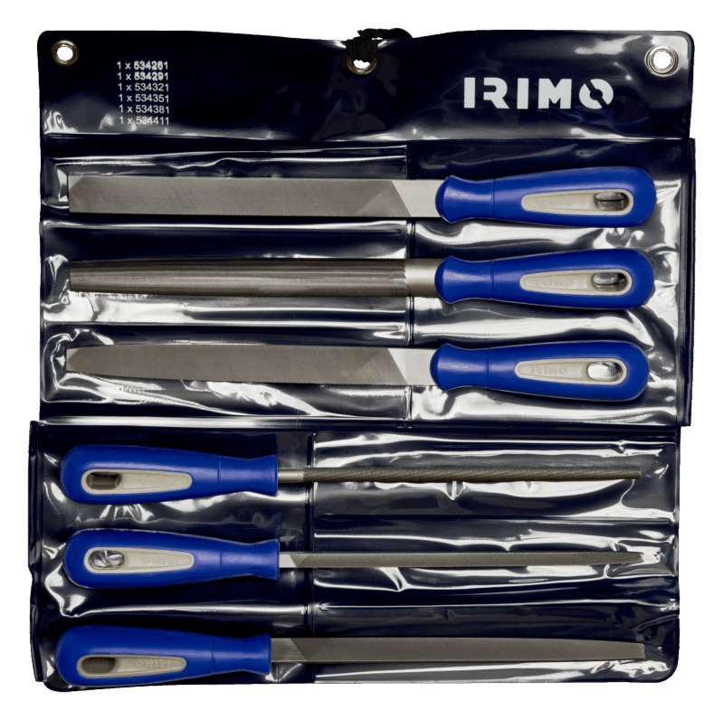 Juego profesional de 6 limas de taller surtidas Irimo 534501 de 8 pulgadas (200mm) con picado doble entrefino y mangos ergonómicos bi-material, presentadas en una práctica bolsa enrollable.