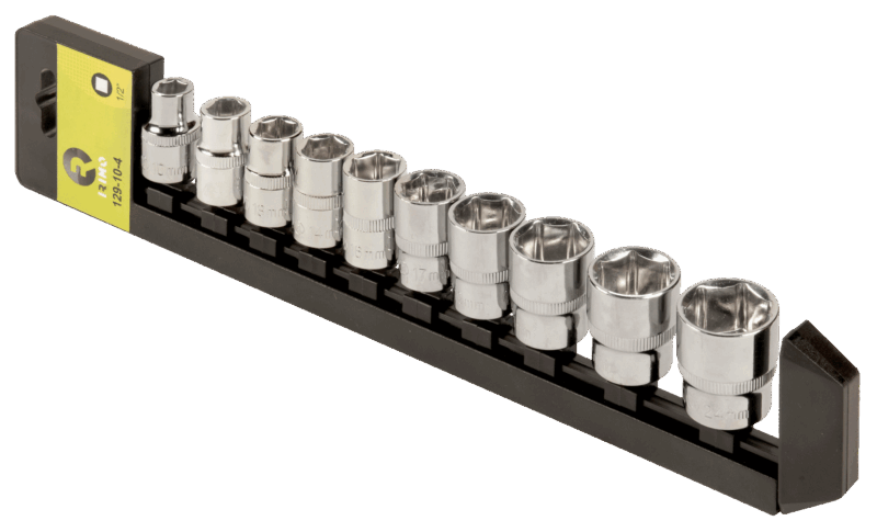Juego profesional de 10 vasos hexagonales métricos Irimo 129-10-4 de 1/2 de pulgada (tamaños 10mm a 24mm), fabricados en acero Cromo-Vanadio con un elegante acabado cromado brillante, presentados ordenadamente en un práctico rail metálico.