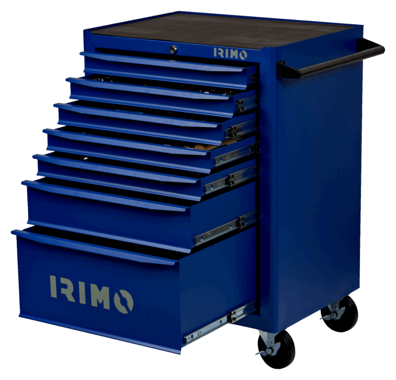 Carro de herramientas profesional Irimo 9066K7FF102 con 7 cajones robustos y 222 herramientas en módulos de foam, ideal para taller mecánico e industria.