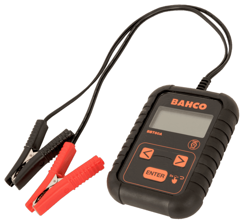 Comprobador de baterías digital profesional Bahco BBT60A para el análisis de baterías de 12V y sistemas de arranque/carga de 12V/24V, con pantalla LCD retroiluminada, pinzas de prueba aisladas y robusta cubierta protectora de goma.