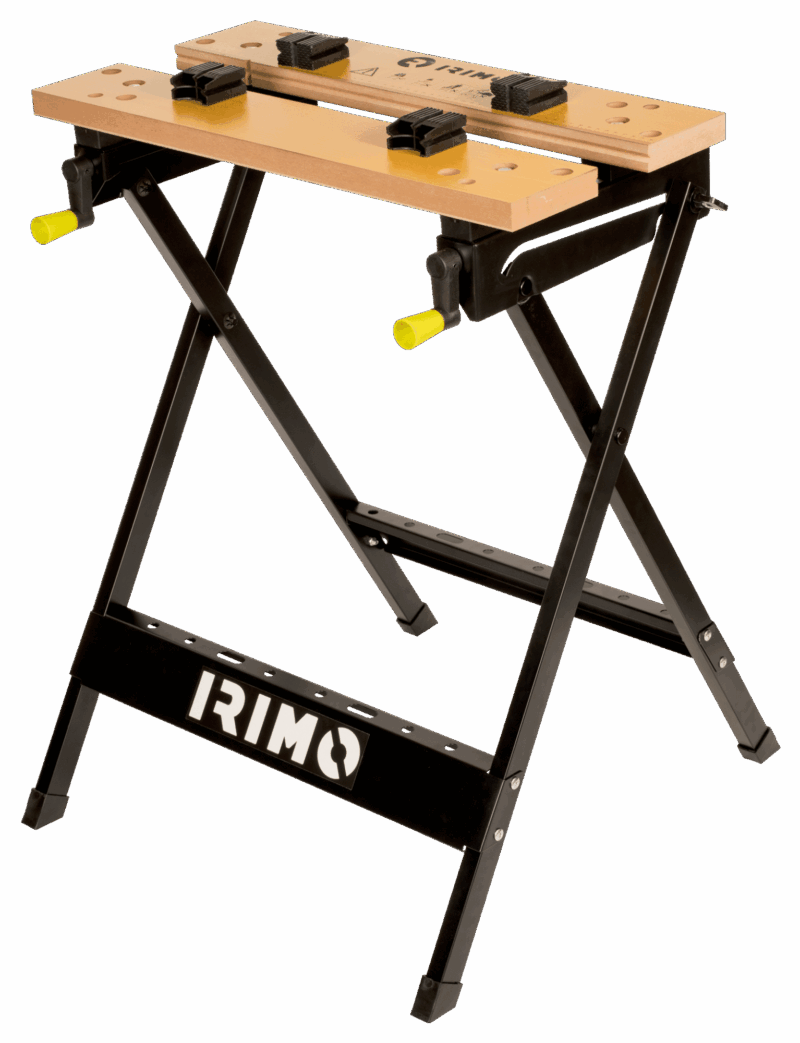 Banco de trabajo plegable y portátil Irimo 9062FWB160 abierto, con sistema de sujeción por mordazas visible, estructura de acero, ideal para bricolaje y profesionales móviles