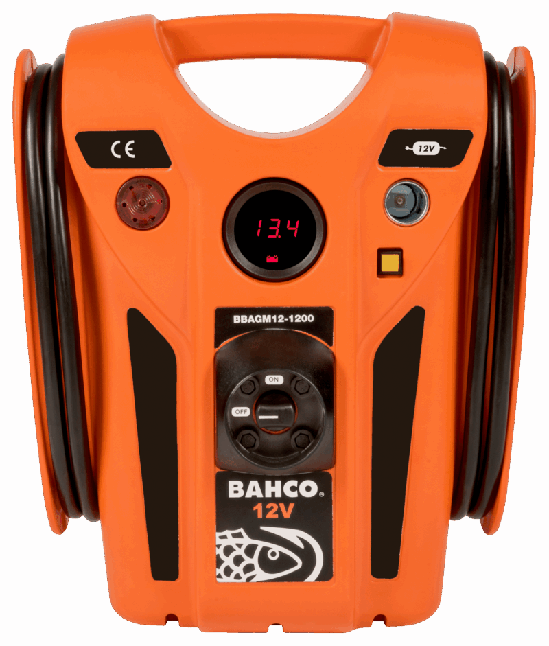 Arrancador de baterías profesional Bahco BBAGM12-1200 de 12V, con una potencia de 1200 Amperios de Arranque (3100 Amperios de Pico), batería interna AGM de 25Ah, cables de cobre de 25mm² y múltiples funciones de seguridad avanzadas