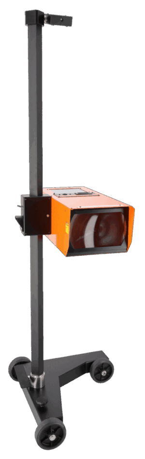 Comprobador y regulador de faros profesional Bahco BLBT100, equipado con un avanzado sistema de alineación por láser, un luxómetro digital integrado, una pantalla de medición interna ajustable para la correcta verificación del patrón del haz de luz, un amplio rango de ajuste de altura (desde 240mm hasta 1400mm) y una base móvil con tres ruedas para fácil desplazamiento.