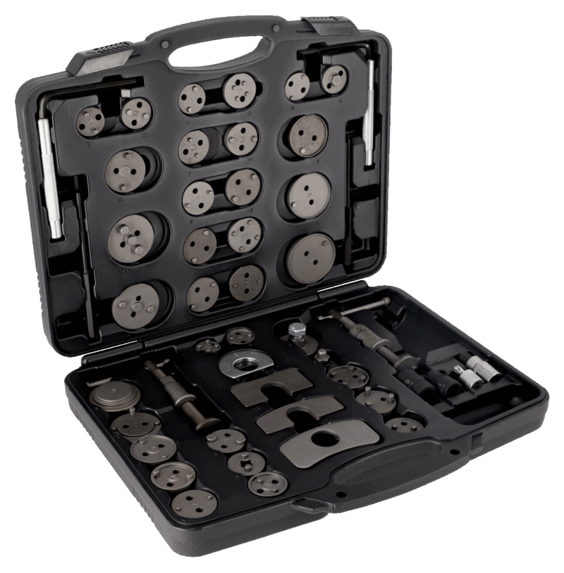 Juego universal profesional Bahco BBR300P50 de 50 piezas para reposicionar y rebobinar pistones de pinzas de freno, con manivelas roscadas para giro a derechas e izquierdas y 46 adaptadores diferentes, presentado en un robusto maletín con interior de foam.