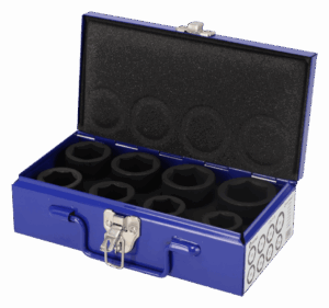 Juego profesional de 8 vasos de impacto hexagonales Irimo 173-01-5 de 3/4 de pulgada (tamaños 24mm a 38mm), fabricados en acero Cromo-Molibdeno de alta resistencia, presentados en su robusta caja metálica.