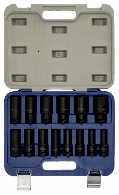 Juego 14 vasos largos impacto 1/2″ – Cr-Mo, HDPE caja | Irimo