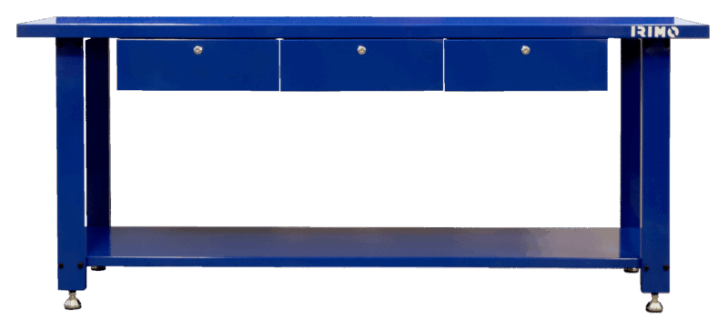 Banco de trabajo de acero industrial Irimo 9062-1800-1 de 1.8 metros de longitud, con 3 amplios cajones con llave y bandeja inferior, para taller profesional de alta exigencia y grandes proyectos.