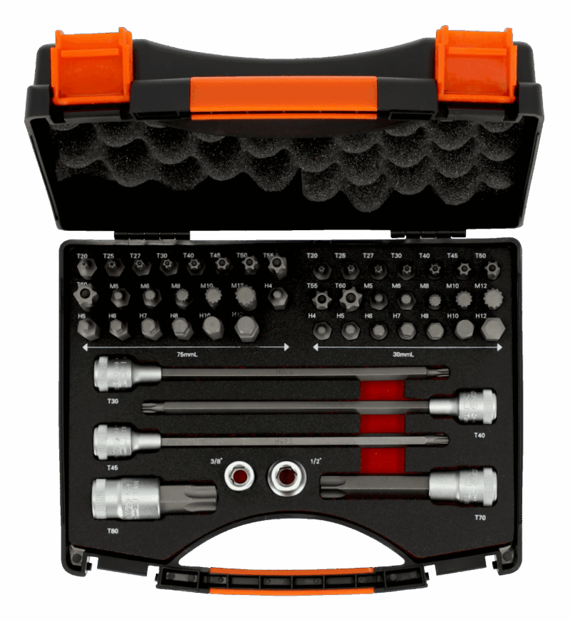Juego profesional Bahco BE5049 de 49 piezas, con un extenso y muy versátil surtido de vasos y puntas especiales para el sector de la automoción (incluyendo TORX® inviolables, Hexagonales, XZN, Ribe®, y Vasos TORX® E) y varios adaptadores, todo perfectamente organizado en un robusto maletín
