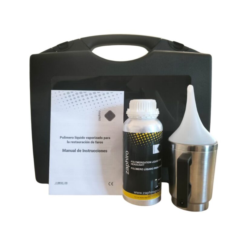 Maletín de plástico con kit de restauración de faros Zaphiro, envase de polímero 600ml y vaso vaporizador.