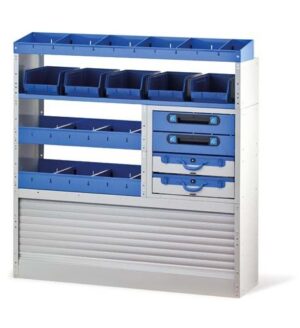 Estantería modular Tecnolam Ti Car 307 para interior de vehículos comerciales con persiana y cajones.