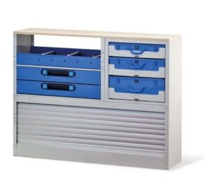 Organizador para furgoneta Tecnolam Ti Car 308 con persiana de aluminio, cajones y cajas de plástico.