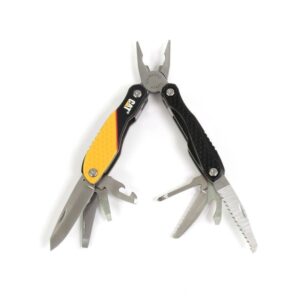 Multiherramienta Caterpillar 13 en 1 de acero inoxidable abierta con todos sus accesorios desplegados.