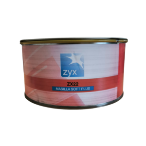 Envase de Masilla Soft Plus Zyx ZX22 con gráficos de proceso de lijado y aplicación.