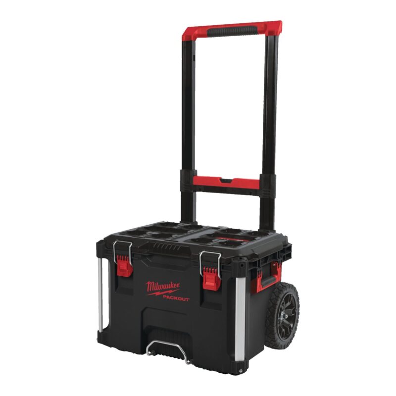 Baúl con ruedas PACKOUT™ de Milwaukee, con empuñadura extensible y gran capacidad de carga, parte del sistema modular.