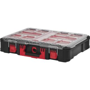 Organizador PACKOUT™ de Milwaukee con 10 cubos interiores extraíbles y tapa transparente, protección IP65.