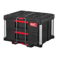 Cajonera de herramientas de 2 cajones profundos Milwaukee PACKOUT con guías de acero, barra de seguridad y esquinas reforzadas.