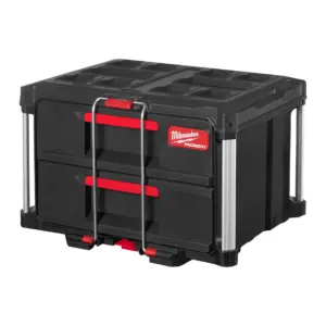 Cajonera de herramientas de 2 cajones profundos Milwaukee PACKOUT con guías de acero, barra de seguridad y esquinas reforzadas.