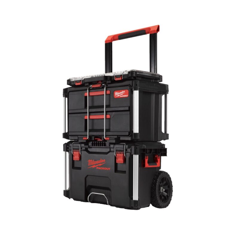 Kit de Iniciación PACKOUT™ de Milwaukee, con baúl con ruedas, cajonera de 2 cajones y organizador slim apilados