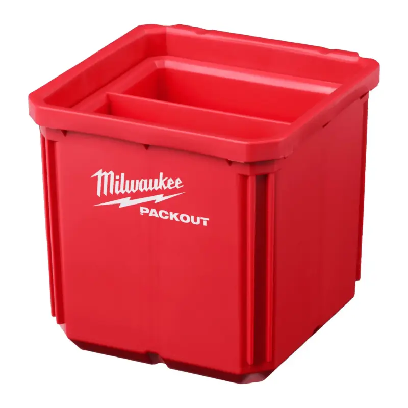 Gavetas Milwaukee PACKOUT de 10x10 cm con bandeja interior y separador para organización de pequeños consumibles.
