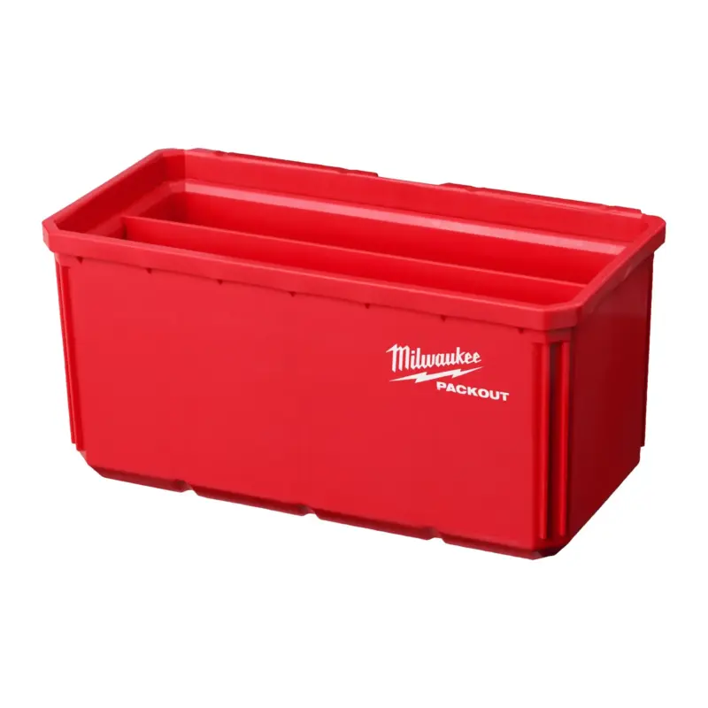 Gavetas Milwaukee PACKOUT de 10x20 cm con separadores y bandejas interiores para organización de consumibles.