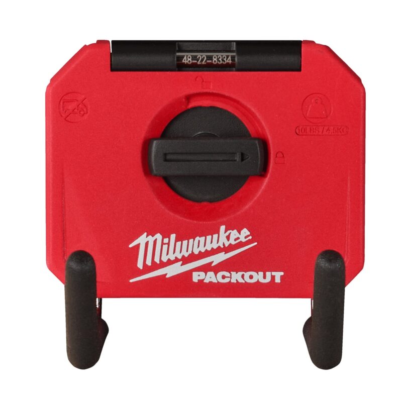 Gancho doble pequeño Milwaukee PACKOUT de acero para almacenamiento de herramientas manuales en panel mural.