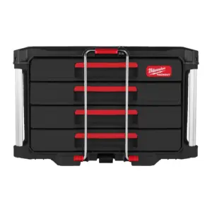 Cajonera de herramientas de 4 cajones delgados Milwaukee PACKOUT con guías de acero, barra de seguridad y esquinas reforzadas.