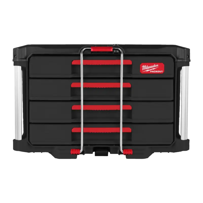 Cajonera de herramientas de 4 cajones delgados Milwaukee PACKOUT con guías de acero, barra de seguridad y esquinas reforzadas.