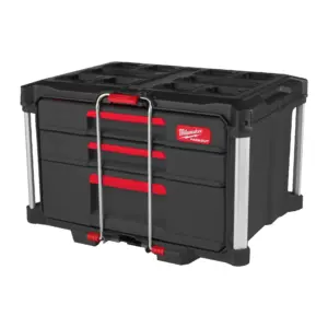 Cajonera de herramientas de 3 cajones Milwaukee PACKOUT con guías de acero, barra de seguridad y esquinas reforzadas.