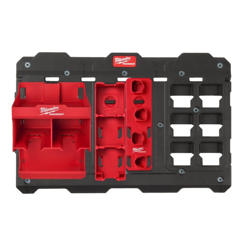 Kit de Iniciación para Taller PACKOUT™ de Milwaukee con base de montaje XL y soportes para herramientas y baterías.