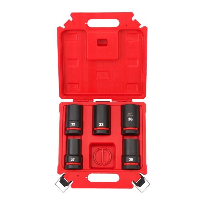 Juego de 5 vasos de impacto largos de 1 pulgada Milwaukee en su maletín de transporte, para acceso profundo a fijaciones
