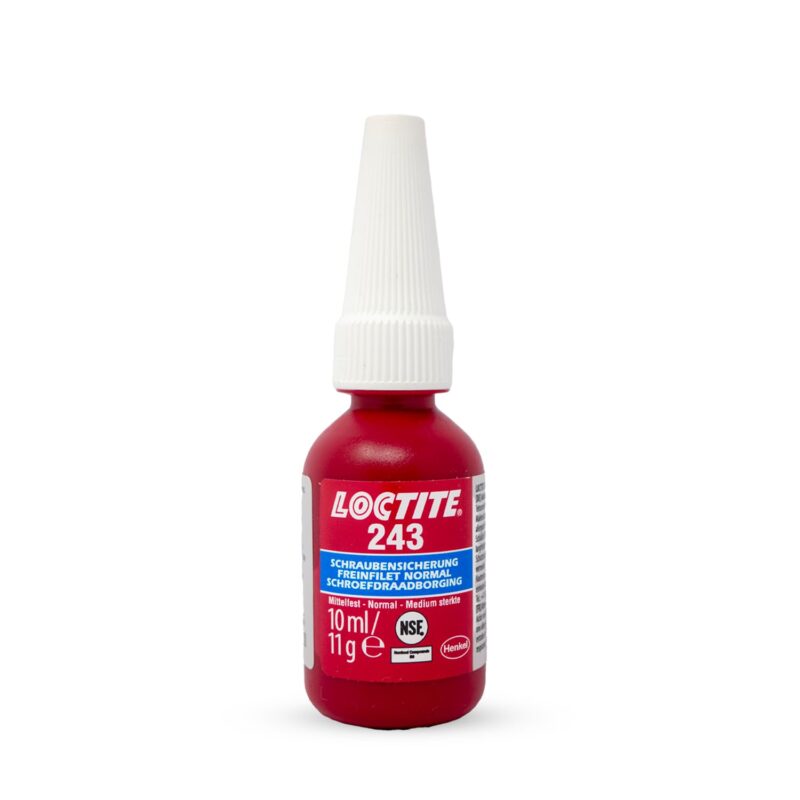 Bote de 10 ml de fijador de roscas LOCTITE 243 resistencia media color azul.