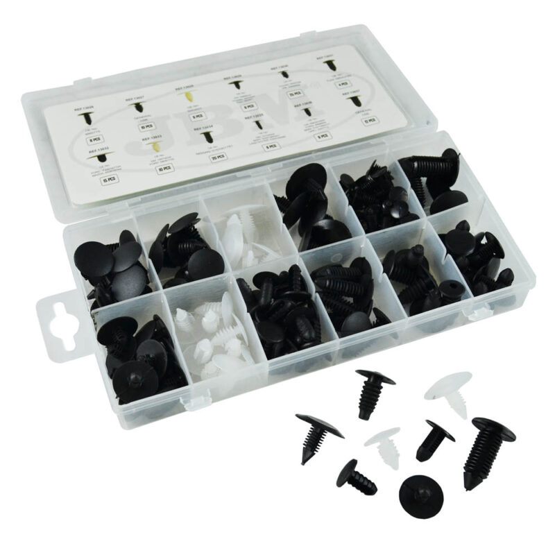 Estuche de 128 piezas con un surtido de grapas y clips de plástico universales para coche de la marca JBM.