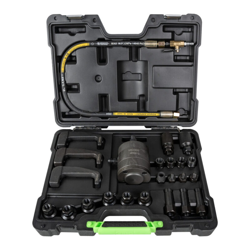 Kit completo del extractor neumático de inyectores diésel de JBM, con 24 piezas y adaptadores multimarca.