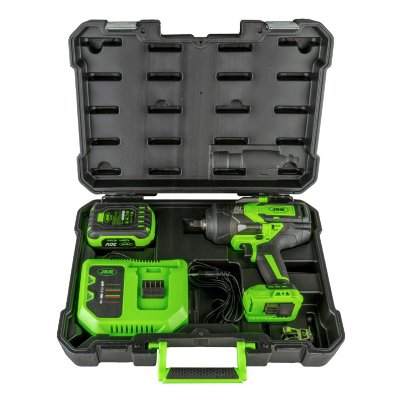 pistola-impacto-brushless-1300nm-jbm-kit-60044c Pistola de impacto a batería JBM 1/2 pulgada Brushless con 1300Nm de par de rotura y kit con batería 4.0Ah.