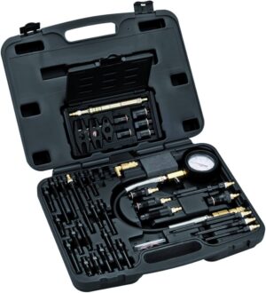 Compresímetro profesional para motores diésel Bahco BE5401D, un kit universal con manómetro de precisión (0-70bar/0-1000psi), manguera flexible y una muy extensa colección de más de 30 adaptadores (incluyendo falsas bujías de precalentamiento y adaptadores para inyectores roscados y con sistema de pinza/garra), presentado en un robusto maletín con interior de foam.
