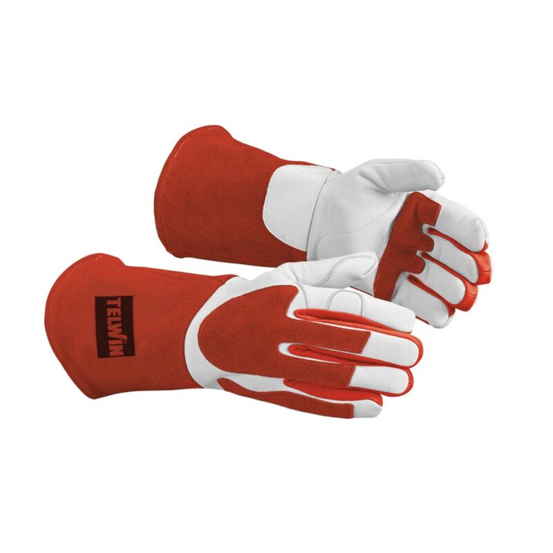 Guantes de soldadura TIG profesionales TELWIN Dakota, mano en piel blanca de cabra y antebrazo rojo de serraje.