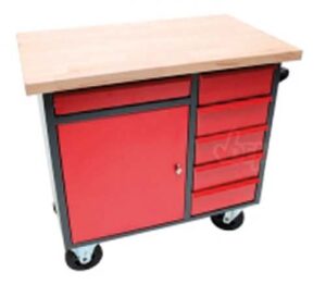 Carro de herramientas rojo MetalWorks DVR1000 con encimera de madera y armario lateral.