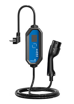Cargador portátil para vehículo eléctrico DriveLit, conector Tipo 2 y enchufe Schuko.