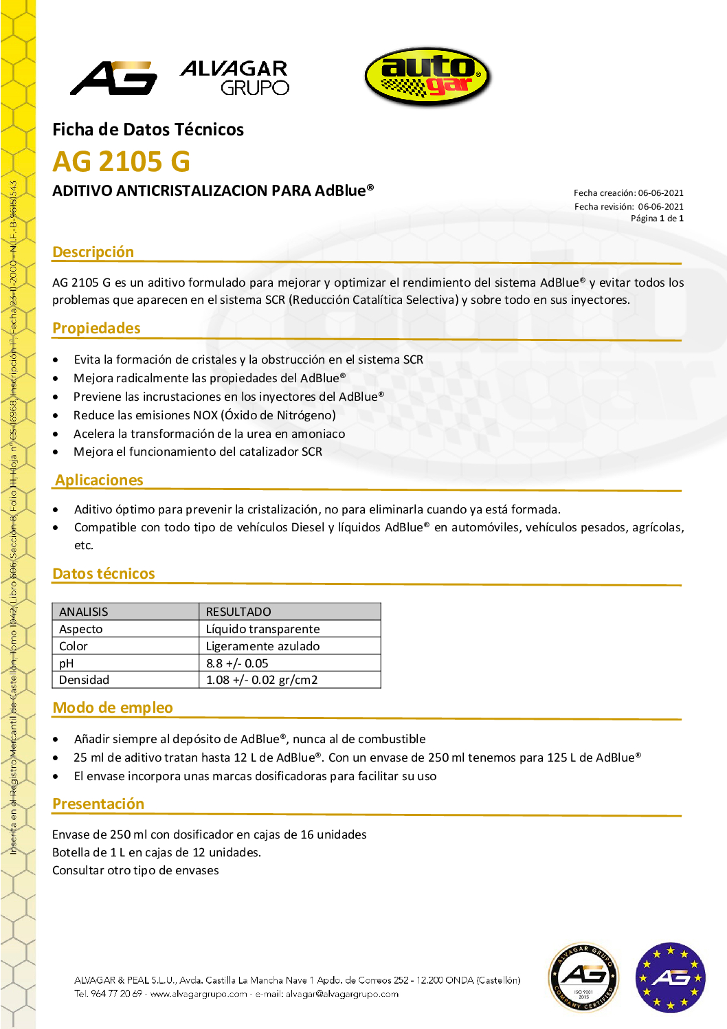 Aditivo Anticristalización AG 2105 G – Optimiza AdBlue y Sistema SCR | Auto-Gar