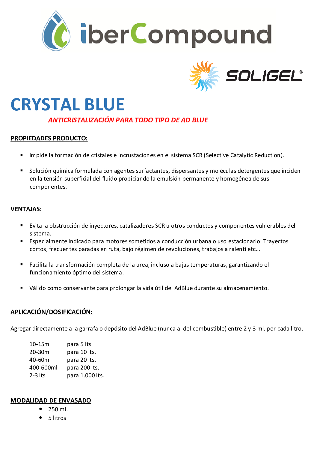 Aditivo Anticristalizante para AdBlue Crystal Blue 250 ml | Soligel