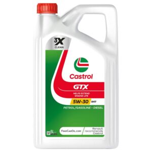 Garrafa de 5 litros de aceite de motor Castrol GTX 5W-30, con homologación oficial Renault RN17.