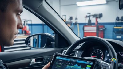 Mecánico profesional utilizando un equipo de diagnosis multimarca para detectar fallos en el motor de un coche en un taller.
